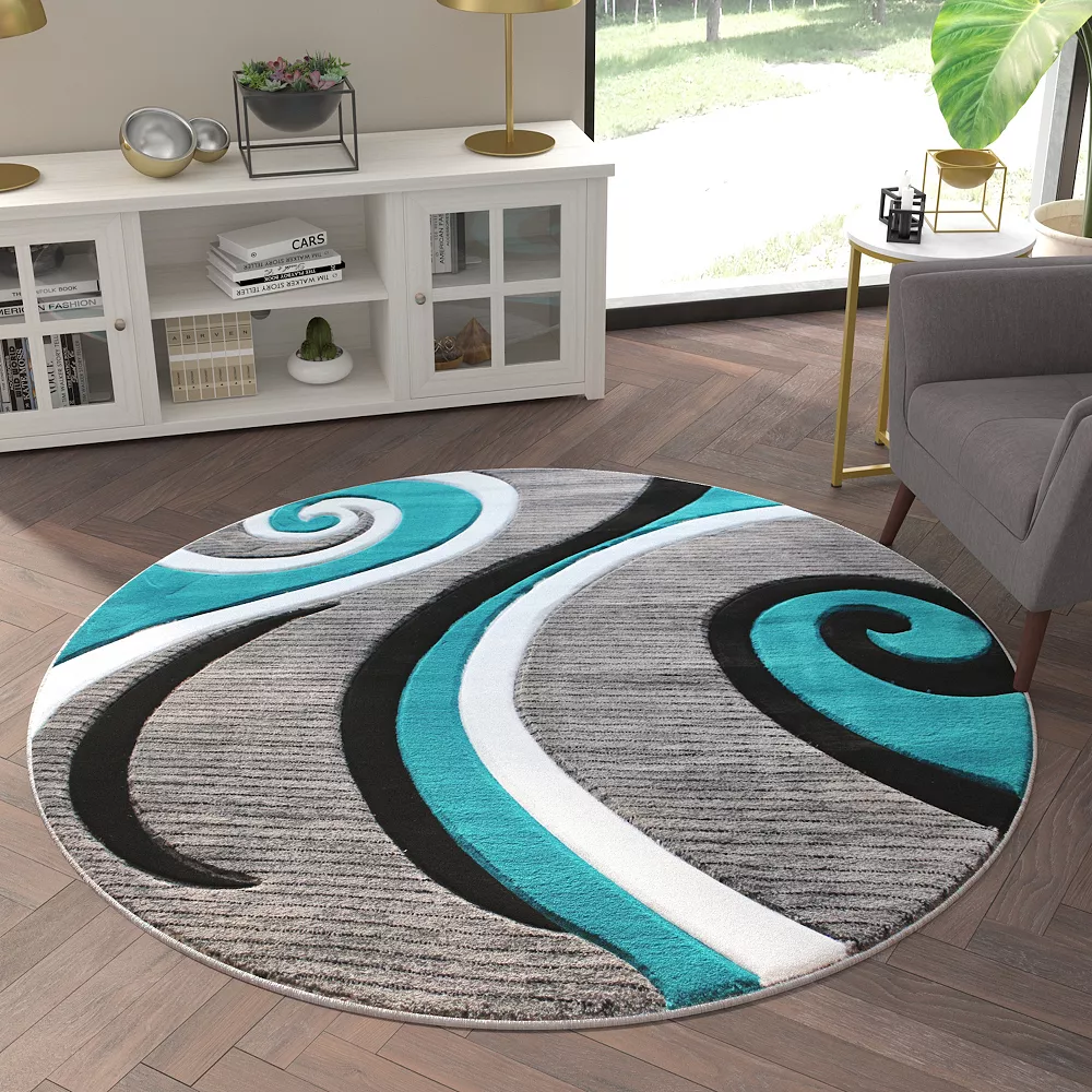 Emma And Oliver Modal 5x5 Round Accent Rug With Modern 3D Sculpted Swirl Pattern And Varied Texture Piling In Turquoise, Black, White & Gray 5 Emma And Oliver Modal 5x5 Round Accent Rug With Modern 3D Sculpted Swirl Pattern And Varied Texture Piling In Turquoise, Black, White & Gray - Image 3