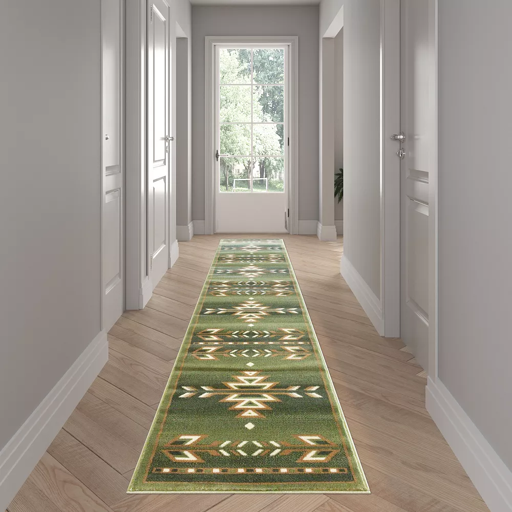 Emma And Oliver Reno 2x11 Olefin Accent Rug With Southwestern Geometric Arrow Design In Green, Black, Beige & Ivory And Natural Jute Backing 4 Emma And Oliver Reno 2x11 Olefin Accent Rug With Southwestern Geometric Arrow Design In Green, Black, Beige & Ivory And Natural Jute Backing - Image 2