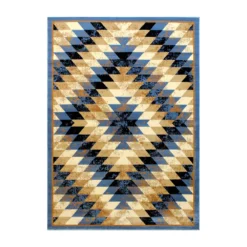 Emma And Oliver Tucson 4x5 Distressed Southwestern Diamond Motif Plush Pile Olefin Accent Rug In Blue, Beige, Brown And Black - Jute Backing