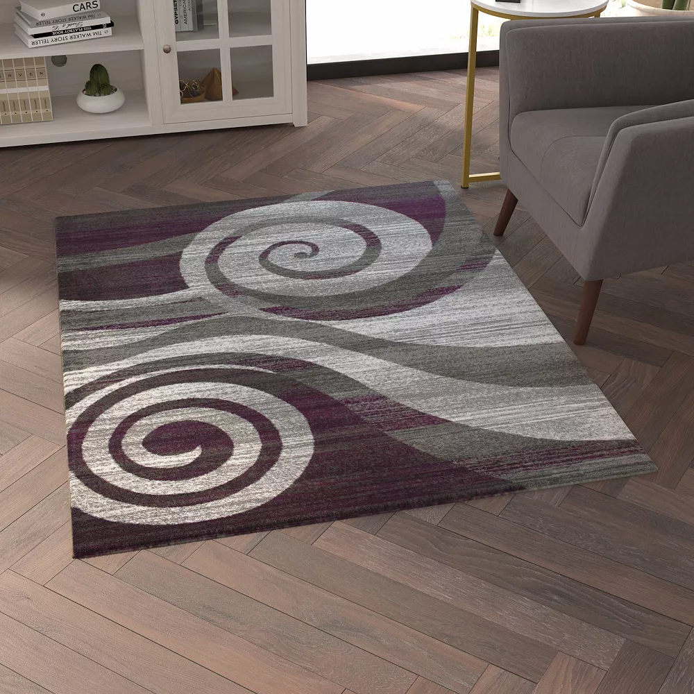 Emma And Oliver Aeris 4'x5' Contemporary Swirl Plush Pile Accent Rug With Scraped Effect In Purple, Gray, Black And White And Jute Backing 4 Emma And Oliver Aeris 4'x5' Contemporary Swirl Plush Pile Accent Rug With Scraped Effect In Purple, Gray, Black And White And Jute Backing - Image 2