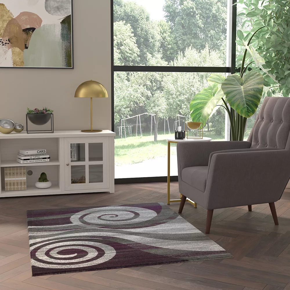 Emma And Oliver Aeris 4'x5' Contemporary Swirl Plush Pile Accent Rug With Scraped Effect In Purple, Gray, Black And White And Jute Backing 5 Emma And Oliver Aeris 4'x5' Contemporary Swirl Plush Pile Accent Rug With Scraped Effect In Purple, Gray, Black And White And Jute Backing - Image 3