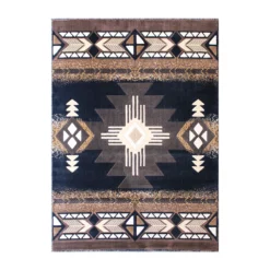Emma And Oliver Santa Fe 5x7 Black Olefin Accent Rug With Complementary Southwestern Pattern In Beige, Black And Brown And Jute Backing