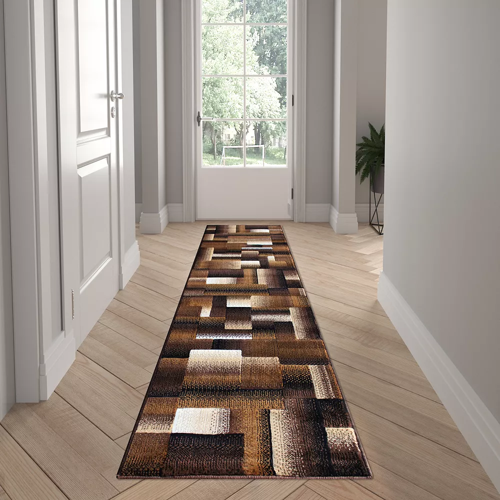 Emma And Oliver Malaga 2x7 Modern Cubist Olefin Accent Runner Rug In Gradient Shades Of Chocolate, Beige And Ivory With Natural Jute Backing 4 Emma And Oliver Malaga 2x7 Modern Cubist Olefin Accent Runner Rug In Gradient Shades Of Chocolate, Beige And Ivory With Natural Jute Backing - Image 2