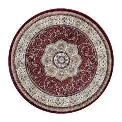 Emma And Oliver Samira 5x5 Burgundy Round Accent Rug With Elegant Floral Medallion Center And Floral And Vine Accents In Beige, Green And Ivory