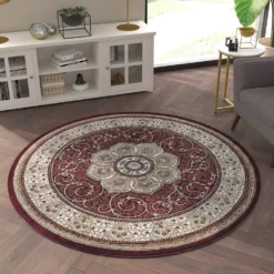 Emma And Oliver Samira 5x5 Burgundy Round Accent Rug With Elegant Floral Medallion Center And Floral And Vine Accents In Beige, Green And Ivory -Home furnishings 6170281 ALT2