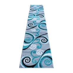 Emma And Oliver Helix 2x11 Scraped Look Ultra Soft Plush Pile Olefin Accent Rug In Turquoise, Gray, Black And White Swirl Pattern, Jute Backing