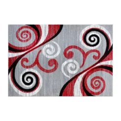 Emma And Oliver Helix 5x7 Scraped Look Ultra Soft Plush Pile Olefin Accent Rug In Red, Gray, Black And White Swirl Pattern, Jute Backing