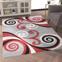 Emma And Oliver Helix 5x7 Scraped Look Ultra Soft Plush Pile Olefin Accent Rug In Red, Gray, Black And White Swirl Pattern, Jute Backing -Home furnishings 6170315 ALT2