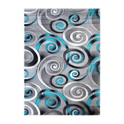 Emma And Oliver Mira 8x10 Contemporary Olefin Accent Rug With Modern Swirl Design In Turquoise, Gray And Black And Natural Jute Backing