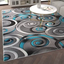 Emma And Oliver Mira 8x10 Contemporary Olefin Accent Rug With Modern Swirl Design In Turquoise, Gray And Black And Natural Jute Backing -Home furnishings 6170329 ALT2