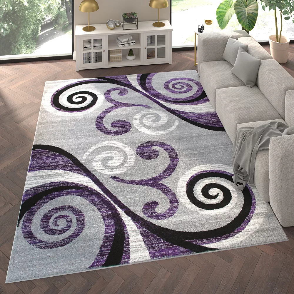 Emma And Oliver Helix 8x10 Scraped Look Ultra Soft Plush Pile Olefin Accent Rug In Purple, Gray, Black And White Swirl Pattern, Jute Backing 4 Emma And Oliver Helix 8x10 Scraped Look Ultra Soft Plush Pile Olefin Accent Rug In Purple, Gray, Black And White Swirl Pattern, Jute Backing - Image 2