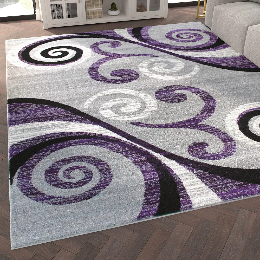 Emma And Oliver Helix 8x10 Scraped Look Ultra Soft Plush Pile Olefin Accent Rug In Purple, Gray, Black And White Swirl Pattern, Jute Backing 5 Emma And Oliver Helix 8x10 Scraped Look Ultra Soft Plush Pile Olefin Accent Rug In Purple, Gray, Black And White Swirl Pattern, Jute Backing - Image 3