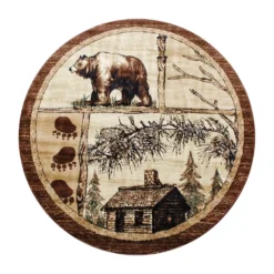Emma And Oliver Wilderness Rustic 6x6 Round Beige Plush Olefin Accent Rug With Bear, Moose And Cabin Motif And Natural Jute Backing