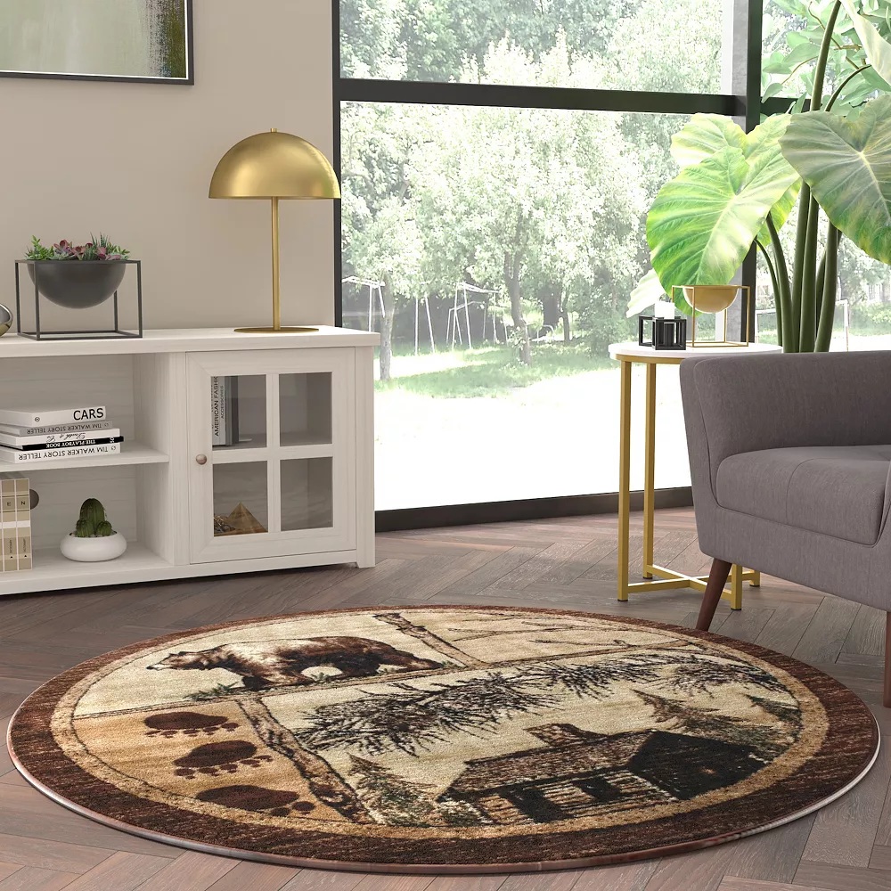 Emma And Oliver Wilderness Rustic 6x6 Round Beige Plush Olefin Accent Rug With Bear, Moose And Cabin Motif And Natural Jute Backing 4 Emma And Oliver Wilderness Rustic 6x6 Round Beige Plush Olefin Accent Rug With Bear, Moose And Cabin Motif And Natural Jute Backing - Image 2