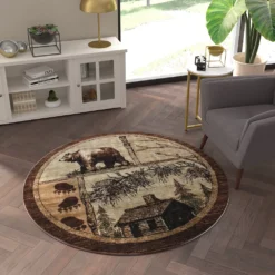 Emma And Oliver Wilderness Rustic 6x6 Round Beige Plush Olefin Accent Rug With Bear, Moose And Cabin Motif And Natural Jute Backing 8 Emma And Oliver Wilderness Rustic 6x6 Round Beige Plush Olefin Accent Rug With Bear, Moose And Cabin Motif And Natural Jute Backing -Home furnishings 6170341 ALT2