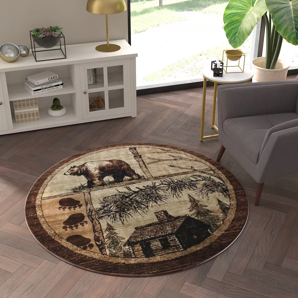 Emma And Oliver Wilderness Rustic 6x6 Round Beige Plush Olefin Accent Rug With Bear, Moose And Cabin Motif And Natural Jute Backing 5 Emma And Oliver Wilderness Rustic 6x6 Round Beige Plush Olefin Accent Rug With Bear, Moose And Cabin Motif And Natural Jute Backing - Image 3
