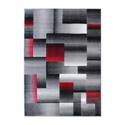 Emma And Oliver Malaga 8x10 Modern Cubist Olefin Accent Rug In Gradient Shades Of Black, Gray And Red With Natural Jute Backing