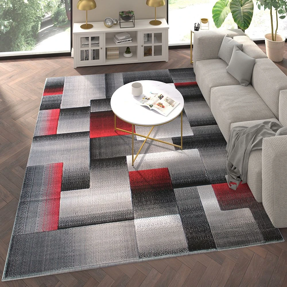 Emma And Oliver Malaga 8x10 Modern Cubist Olefin Accent Rug In Gradient Shades Of Black, Gray And Red With Natural Jute Backing 4 Emma And Oliver Malaga 8x10 Modern Cubist Olefin Accent Rug In Gradient Shades Of Black, Gray And Red With Natural Jute Backing - Image 2