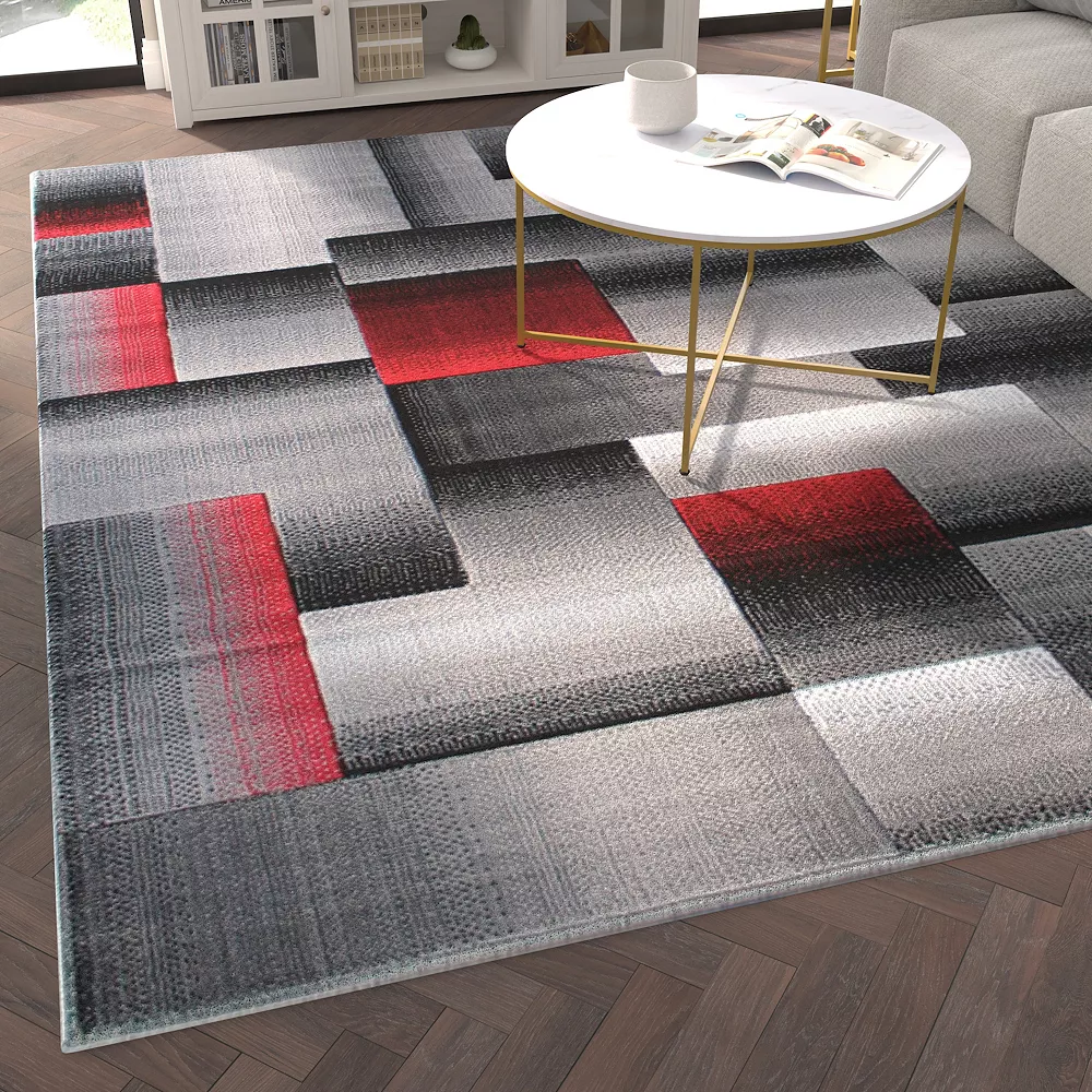 Emma And Oliver Malaga 8x10 Modern Cubist Olefin Accent Rug In Gradient Shades Of Black, Gray And Red With Natural Jute Backing 5 Emma And Oliver Malaga 8x10 Modern Cubist Olefin Accent Rug In Gradient Shades Of Black, Gray And Red With Natural Jute Backing - Image 3