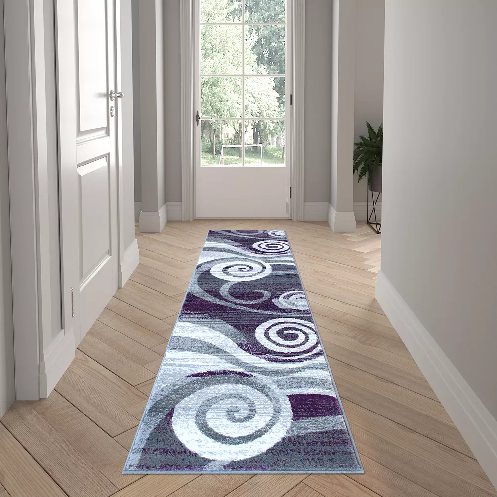 Emma And Oliver Aeris 2'x7' Contemporary Swirl Plush Pile Accent Rug With Scraped Effect In Purple, Gray, Black And White And Jute Backing 4 Emma And Oliver Aeris 2'x7' Contemporary Swirl Plush Pile Accent Rug With Scraped Effect In Purple, Gray, Black And White And Jute Backing - Image 2