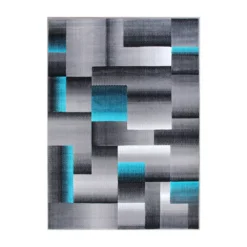 Emma And Oliver Malaga 6x9 Modern Cubist Olefin Accent Runner Rug In Gradient Shades Of Black, Gray And Turquoise With Natural Jute Backing