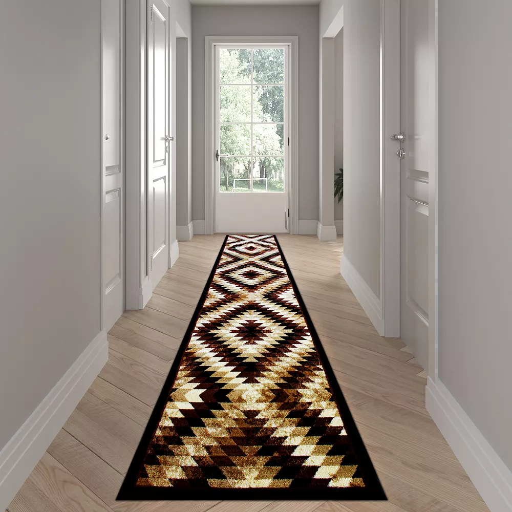 Emma And Oliver Tucson 2x11 Distressed Southwestern Diamond Motif Plush Pile Olefin Accent Rug In Brown, Beige, White And Black - Jute Backing 4 Emma And Oliver Tucson 2x11 Distressed Southwestern Diamond Motif Plush Pile Olefin Accent Rug In Brown, Beige, White And Black - Jute Backing - Image 2