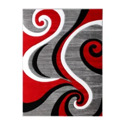 Emma And Oliver Modal 5x7 Accent Rug With Modern 3D Sculpted Swirl Pattern And Varied Texture Piling In Red, Black, White & Gray