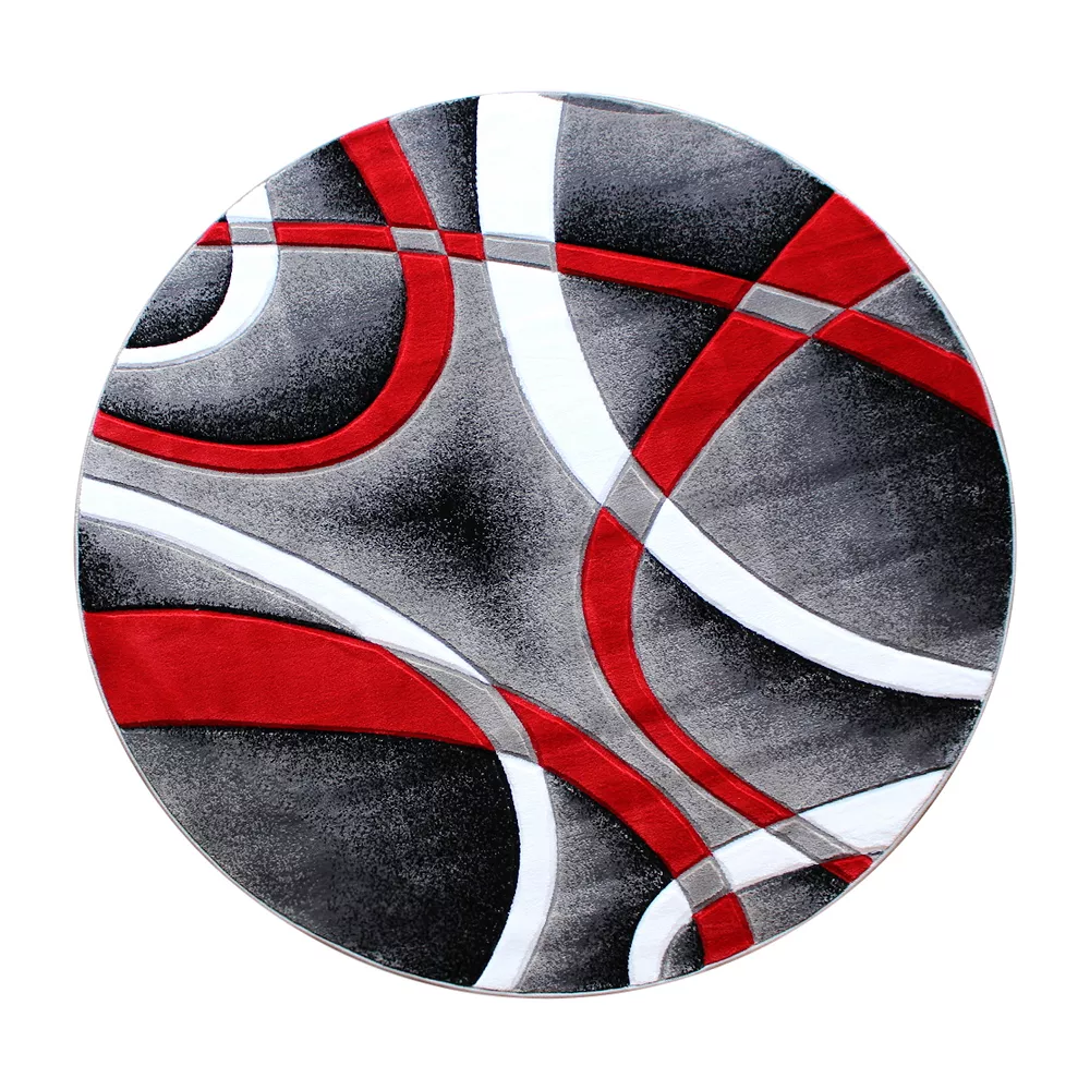 Emma And Oliver Cambre 8x8 Round Olefin Accent Rug With 3D Sculpted Intersecting Arch Design In Red, Gray, Black And White With Jute Backing 3 Emma And Oliver Cambre 8x8 Round Olefin Accent Rug With 3D Sculpted Intersecting Arch Design In Red, Gray, Black And White With Jute Backing