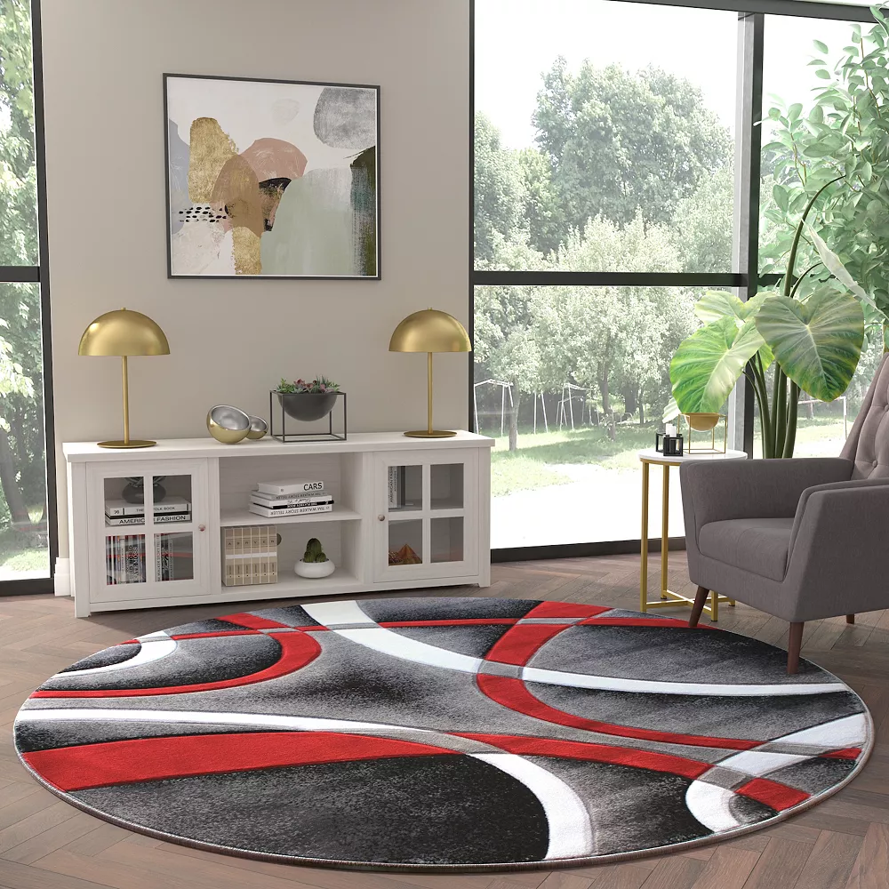 Emma And Oliver Cambre 8x8 Round Olefin Accent Rug With 3D Sculpted Intersecting Arch Design In Red, Gray, Black And White With Jute Backing 4 Emma And Oliver Cambre 8x8 Round Olefin Accent Rug With 3D Sculpted Intersecting Arch Design In Red, Gray, Black And White With Jute Backing - Image 2