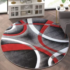 Emma And Oliver Cambre 8x8 Round Olefin Accent Rug With 3D Sculpted Intersecting Arch Design In Red, Gray, Black And White With Jute Backing 8 Emma And Oliver Cambre 8x8 Round Olefin Accent Rug With 3D Sculpted Intersecting Arch Design In Red, Gray, Black And White With Jute Backing -Home furnishings 6170410 ALT2