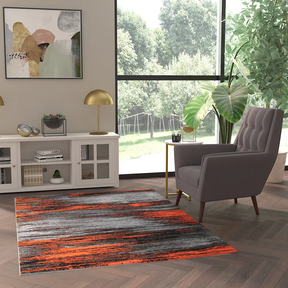 Emma And Oliver Oakland 5x7 Ultra Soft Shaded Look Olefin Accent Rug In Gray, Black & Orange With Natural Jute Backing 4 Emma And Oliver Oakland 5x7 Ultra Soft Shaded Look Olefin Accent Rug In Gray, Black & Orange With Natural Jute Backing - Image 2