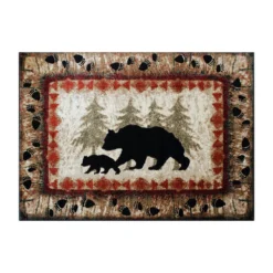 Emma And Oliver Ursa 5'x7' Rustic Cabin Or Lodge Theme Rug With Bear And Cub Design With Trees In Background And Bear Track Patterned Edges