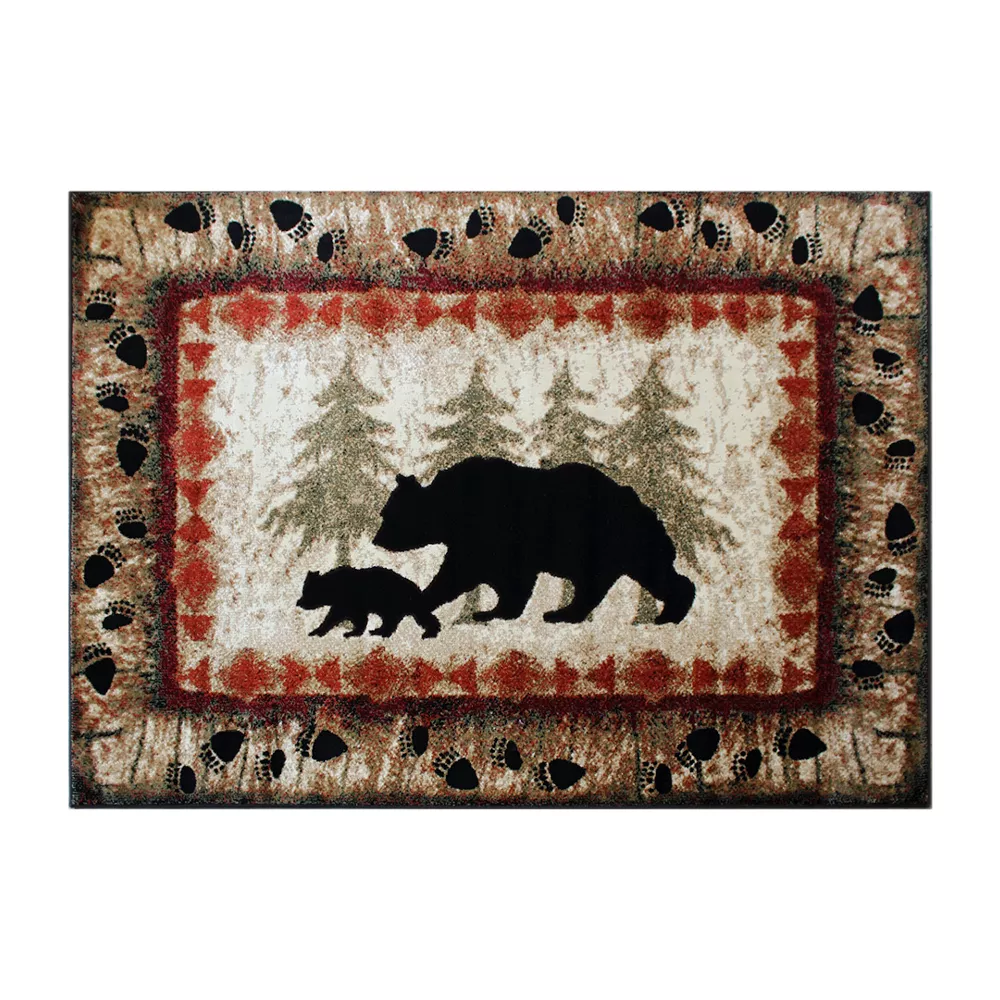Emma And Oliver Ursa 5'x7' Rustic Cabin Or Lodge Theme Rug With Bear And Cub Design With Trees In Background And Bear Track Patterned Edges 3 Emma And Oliver Ursa 5'x7' Rustic Cabin Or Lodge Theme Rug With Bear And Cub Design With Trees In Background And Bear Track Patterned Edges