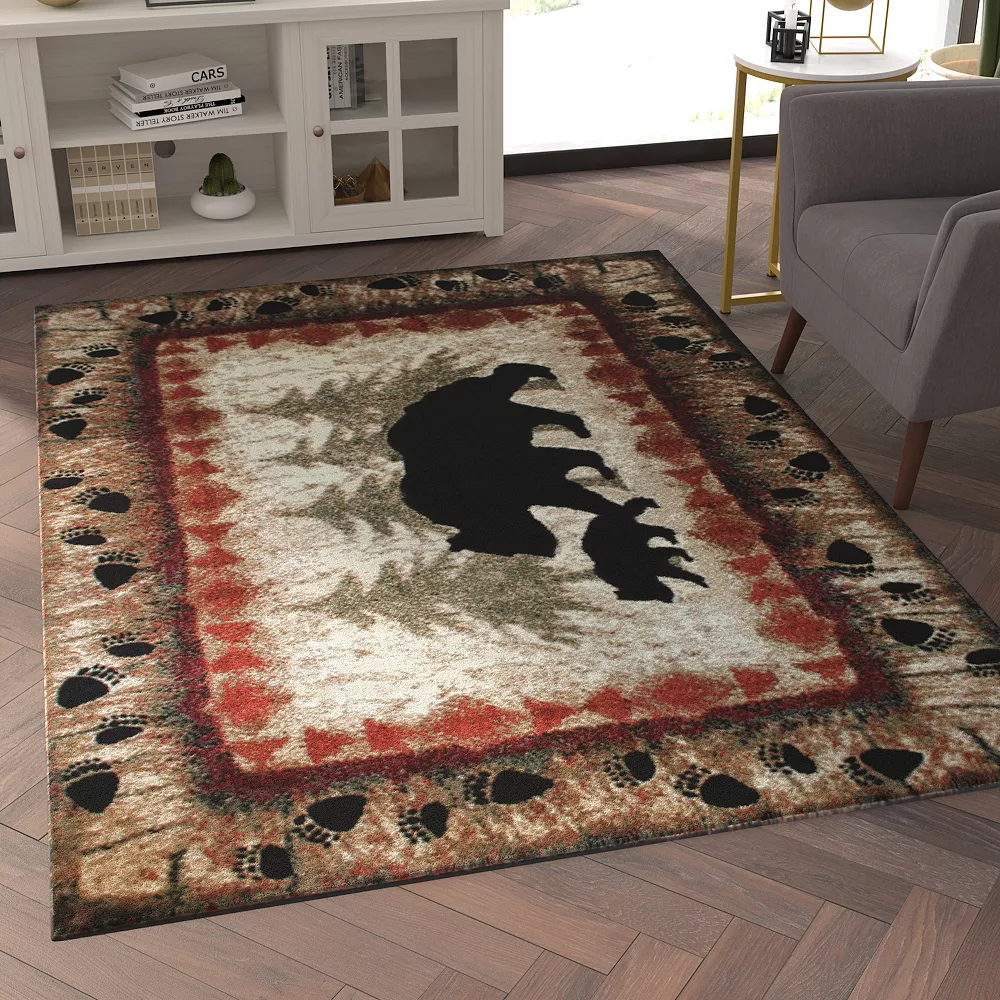 Emma And Oliver Ursa 5'x7' Rustic Cabin Or Lodge Theme Rug With Bear And Cub Design With Trees In Background And Bear Track Patterned Edges 4 Emma And Oliver Ursa 5'x7' Rustic Cabin Or Lodge Theme Rug With Bear And Cub Design With Trees In Background And Bear Track Patterned Edges - Image 2