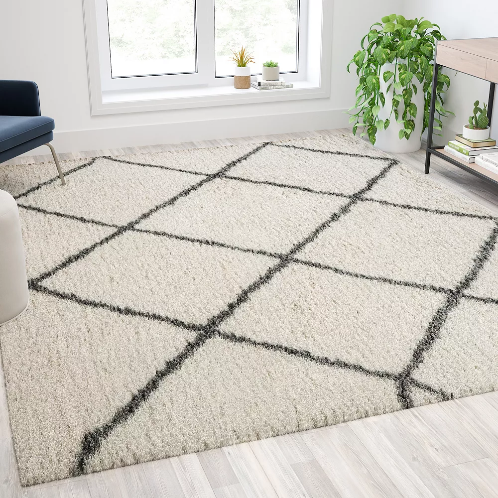 Emma And Oliver 8' X 10' Ivory And Black Diamond Trellis Modern Shag Area Rug 4 Emma And Oliver 8' X 10' Ivory And Black Diamond Trellis Modern Shag Area Rug - Image 2