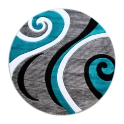 Emma And Oliver Modal 8x8 Round Accent Rug With Modern 3D Sculpted Swirl Pattern And Varied Texture Piling In Turquoise, Black, White & Gray