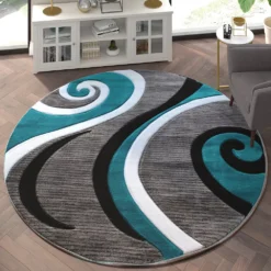 Emma And Oliver Modal 8x8 Round Accent Rug With Modern 3D Sculpted Swirl Pattern And Varied Texture Piling In Turquoise, Black, White & Gray -Home furnishings 6170445 ALT2
