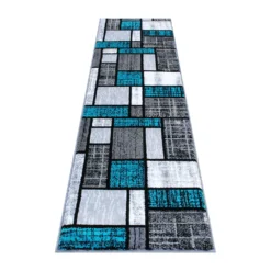 Emma And Oliver Livia 2'x7' Accent Rug With Geometric Mosaic Design In Turquoise, Gray, Black And White And Natural Jute Backing