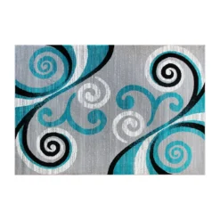 Emma And Oliver Helix 5x7 Scraped Look Ultra Soft Plush Pile Olefin Accent Rug In Turquoise, Gray, Black And White Swirl Pattern, Jute Backing
