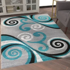 Emma And Oliver Helix 5x7 Scraped Look Ultra Soft Plush Pile Olefin Accent Rug In Turquoise, Gray, Black And White Swirl Pattern, Jute Backing -Home furnishings 6170474 ALT2