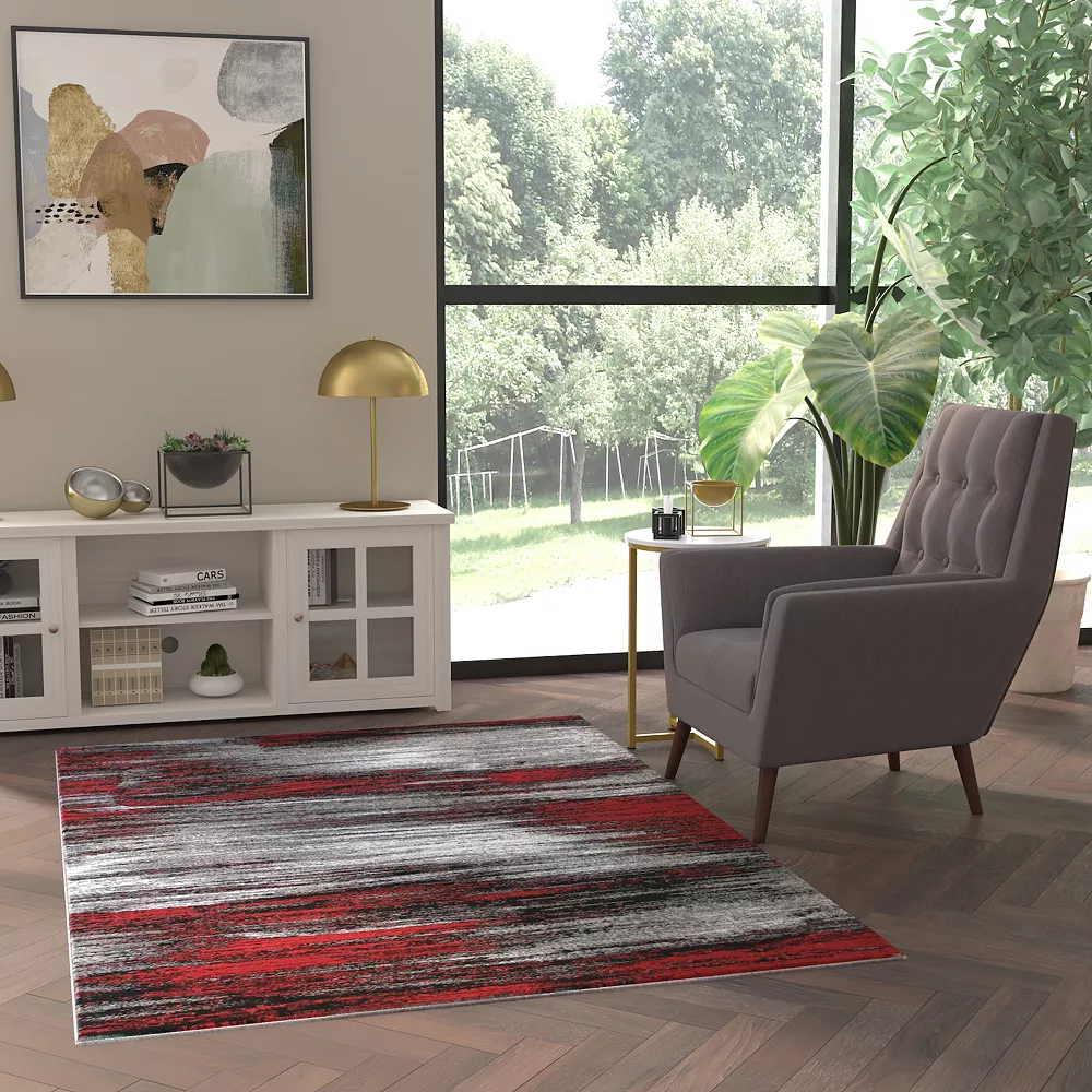 Emma And Oliver Oakland 5x7 Ultra Soft Shaded Look Olefin Accent Rug In Gray, Black & Red With Natural Jute Backing 4 Emma And Oliver Oakland 5x7 Ultra Soft Shaded Look Olefin Accent Rug In Gray, Black & Red With Natural Jute Backing - Image 2