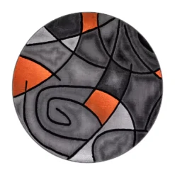 Emma And Oliver Urbane 7x7 Round Contemporary Abstract Geometric Olefin Accent Rug In Gradient Shades Of Gray And Orange With Natural Jute Backing