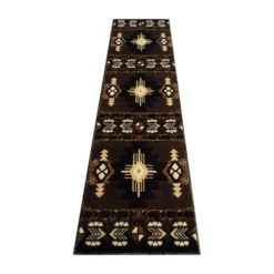 Emma And Oliver Santa Fe 2x7 Chocolate Olefin Accent Rug With Complementary Southwestern Pattern In Beige, Black And Brown And Jute Backing