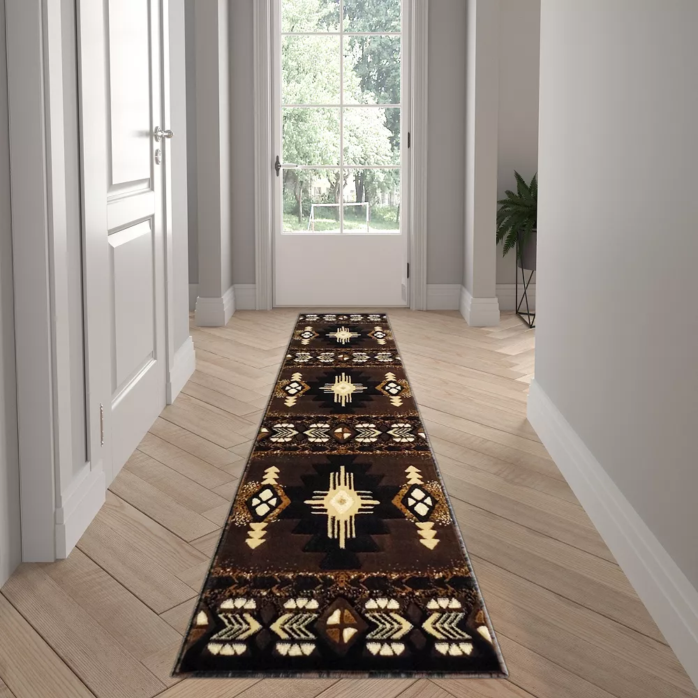 Emma And Oliver Santa Fe 2x7 Chocolate Olefin Accent Rug With Complementary Southwestern Pattern In Beige, Black And Brown And Jute Backing 4 Emma And Oliver Santa Fe 2x7 Chocolate Olefin Accent Rug With Complementary Southwestern Pattern In Beige, Black And Brown And Jute Backing - Image 2