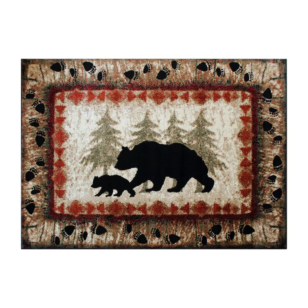 Emma And Oliver Ursa 6'x9' Rustic Cabin Or Lodge Theme Rug With Bear And Cub Design With Trees In Background And Bear Track Patterned Edges 3 Emma And Oliver Ursa 6'x9' Rustic Cabin Or Lodge Theme Rug With Bear And Cub Design With Trees In Background And Bear Track Patterned Edges