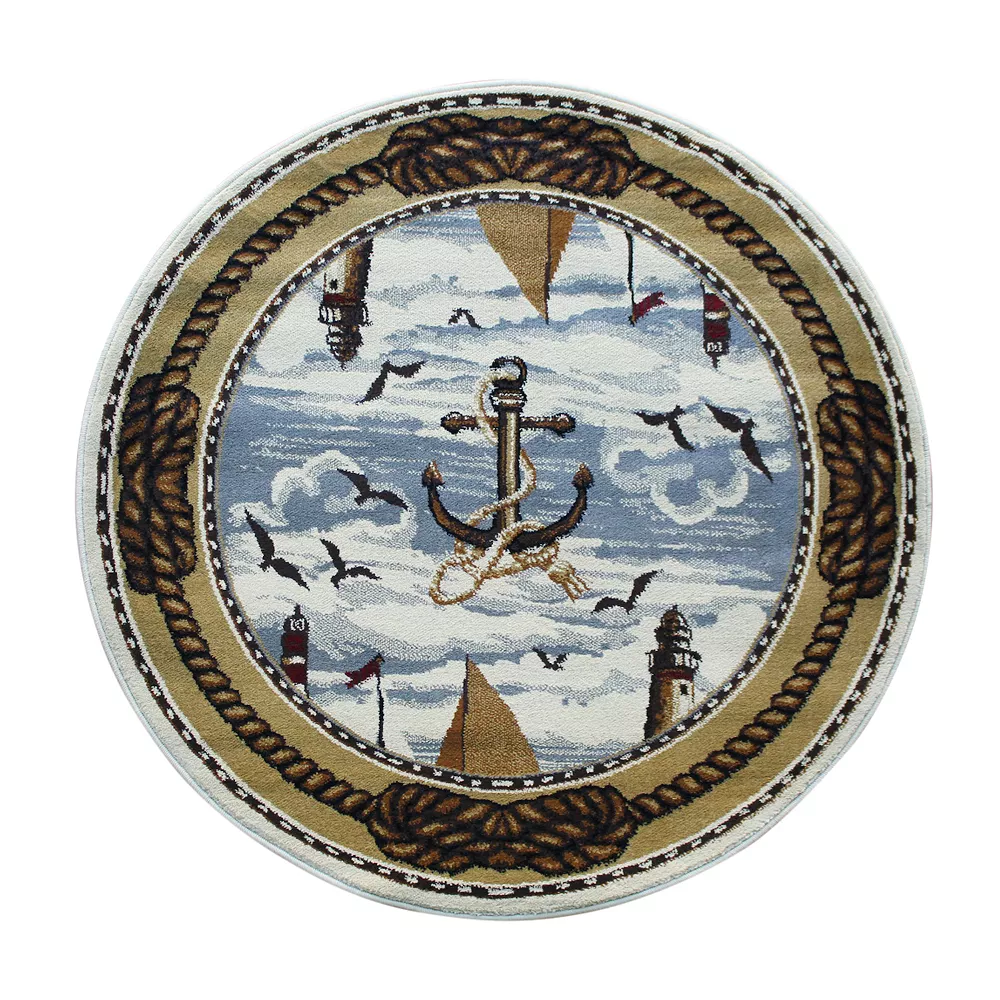Emma And Oliver Rockland 4x4 Round Olefin Accent Rug With Ships In Harbor Scene, Nautical Detailing And Jute Backing For Entryway, Bedroom & More 3 Emma And Oliver Rockland 4x4 Round Olefin Accent Rug With Ships In Harbor Scene, Nautical Detailing And Jute Backing For Entryway, Bedroom & More