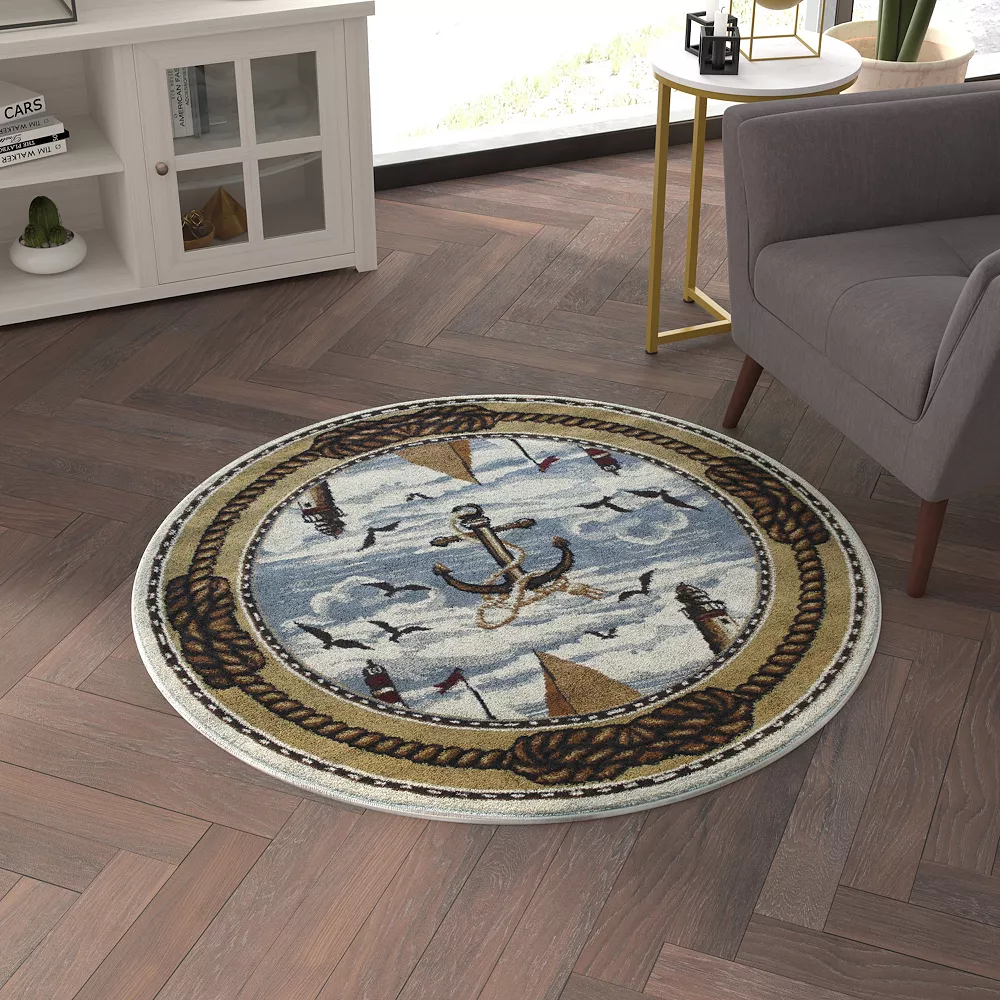 Emma And Oliver Rockland 4x4 Round Olefin Accent Rug With Ships In Harbor Scene, Nautical Detailing And Jute Backing For Entryway, Bedroom & More 4 Emma And Oliver Rockland 4x4 Round Olefin Accent Rug With Ships In Harbor Scene, Nautical Detailing And Jute Backing For Entryway, Bedroom & More - Image 2