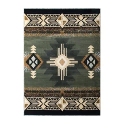 Emma And Oliver Santa Fe 8x10 Ivory Olefin Accent Rug With Complementary Southwestern Pattern In Beige, Black And Brown And Jute Backing
