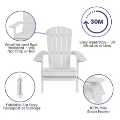 Emma And Oliver Haven Set Of Two All-Weather Poly Resin Folding Adirondack Chairs For Indoor/Outdoor Use In White With Blue Cushions -Home furnishings 6270538 ALT3